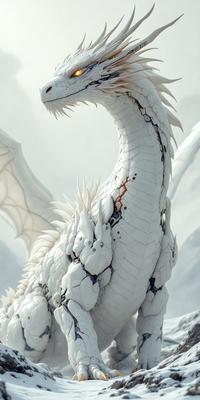 The primary subject of the image is a white dragon with a mix of white and grey colors. The dragon is surrounded by a snowy environment, which adds to the overall atmosphere of the scene. The visual style of the image is digital art, as it appears to be a computer-generated or digitally rendered image. The dragon is the main focus of the image, and its unique design and appearance make it stand out against the snowy backdrop.